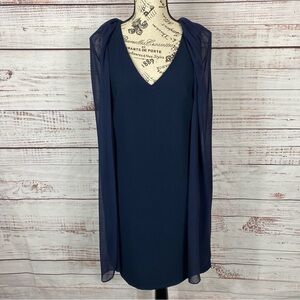Trina Turk navy sleeveless v-neck dress with sheer train attached